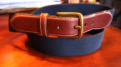 NEW L.L. Bean Stretch Web Belt 38  Navy Blue Canvas Leather Surcingle Casual 251 - Image 1 of 3