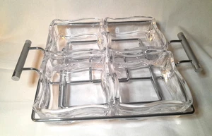 RARE 5pc Retro Wave Square Appetizer/Snack Serving Dish Set Glass & Chrome MCM - Picture 1 of 6