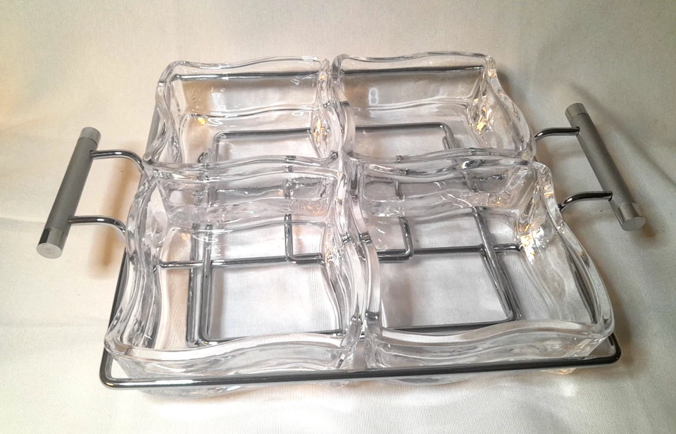 RARE 5pc Retro Wave Square Appetizer/Snack Serving Dish Set Glass & Chrome MCM - Image 1 of 4