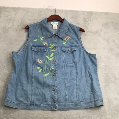 Quacker Factory Floral Embroidered Denim Vest Size 1X - Image 1 of 4