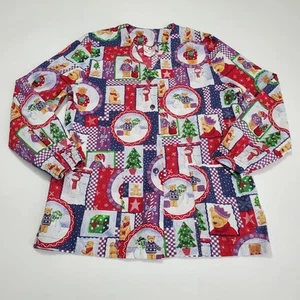 White Cross Long Sleeve Christmas Scrub Top 2-Pocket Button Up Snowman Teddybear - Picture 1 of 15
