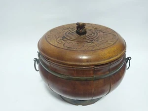 Vintage Hand Carved Wood Round Lidded Trinket Box Frog Knob - Picture 1 of 12