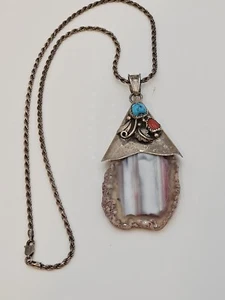 VTG Turquoise Coral Agate Set In Sterling Silver Native American Necklace Navajo - Picture 1 of 13