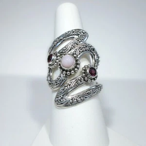 Sarda Sterling Silver Pink Peruvian Opal Ruby & Rhodolite Garnet Ring Size 9 - Picture 1 of 6