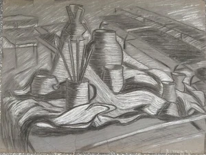 Vintage Original monochrome pastel abstract still life drawing by April B Lynch - Picture 1 of 15