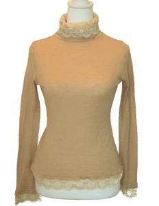 Y2K Vintage Lace Long Sleeve Women’s Top Beige Pullover Turtleneck Blouse M - Picture 1 of 6