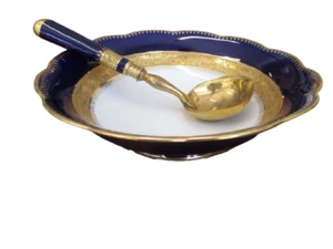Centrotavola zuppiera con cucchiaio Limoges blu dorato in oro zecchino - 900 - Foto 1 di 7