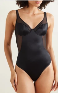 New Spanx Shaping Mesh Trimmed Stretch Satin Black Thong Bodysuit Size XL - Picture 1 of 4