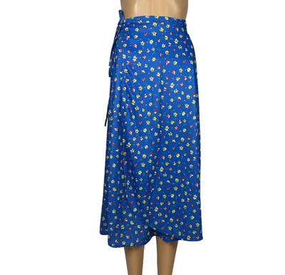 Vintage JCPenney Floral Wrap Skirt Blue Yellow Red Flowers Lined Union Made USA - Image 1 of 4