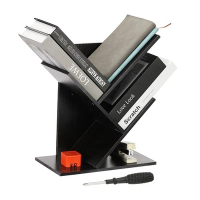 3 Tier Small Tree Bookshelf, Mini Short Desktop Bookshelf, Dark Walnut - Image 1 of 4