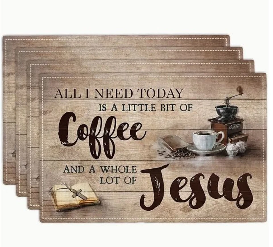 4 Piece Placemat Set 12x18in Woven Polyester Coffee & Jesus - Image 1 of 1