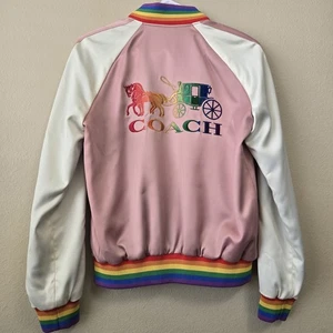 COACH Rainbow Bomber Satin Souvenir Jacket Pearl Pink Size XS Embroidered - Picture 1 of 14