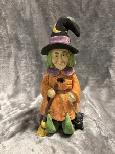 Ugly Witch Figure Spooky With Black Cat Creepy Witches Hat And Broom - Picture 1 of 3