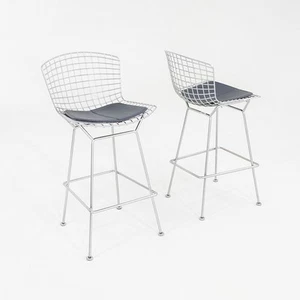 2010s Pair of Harry Bertoia for Knoll Wire Bar Stools with Blue Leather Pads - Picture 1 of 12