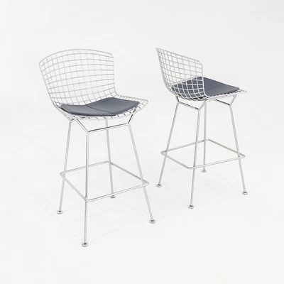 2010s Pair of Harry Bertoia for Knoll Wire Bar Stools with Blue Leather Pads - Image 1 of 4