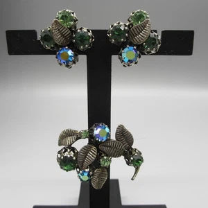 Vintage Austria Brosche Ohrringe Strass Kristall blau grün AB Blatt Clip On - Bild 1 von 12