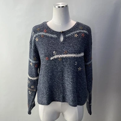 J Jill Sweater Womens Large Embroidered Floral Pullover Linen Silk Blend Boho - Image 1 of 4