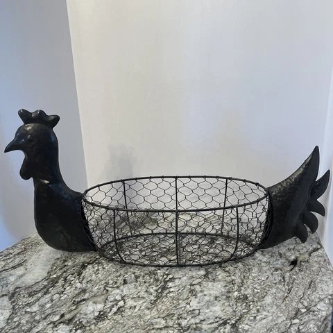 Vintage 22" Chicken Hen Rooster Metal Egg Basket French Country Farmhouse Cover