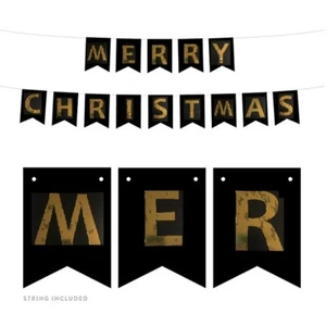 Vintage Merry Christmas Banner Decoration Letter Hanging Prop Photo Black Gold - Picture 1 of 4