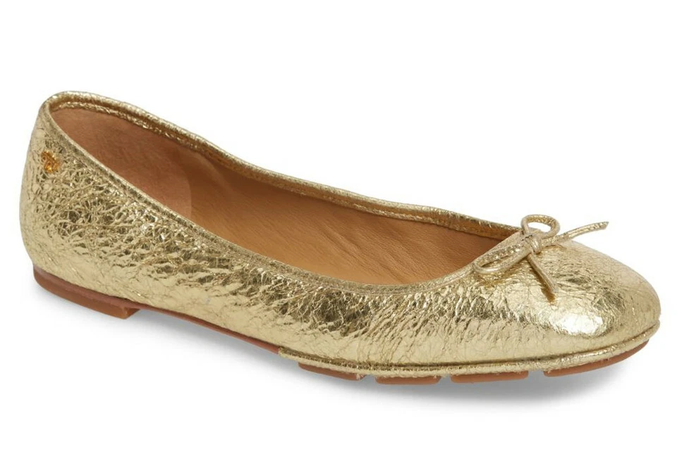 Tory Burch Laila 2 Driver Sparkle Gold Crinkle Leather Ballet Flats Size 8.5