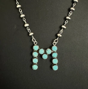Z Alphabet Navajo Sterling Silver Blue Turquoise Rosary Bead Necklace 22 inch KY - Picture 1 of 12