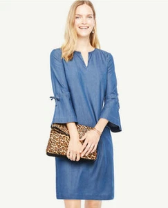 Vestido Ann Taylor Petite Chambray Mangas Campana, 100% Algodón, Talla 12P, Nuevo con Etiquetas - Imagen 1 de 11