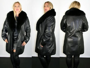 Chaqueta de cuero de piel de cordero negra Damselle para cuello de piel talla grande 10 12 L - Imagen 1 de 5