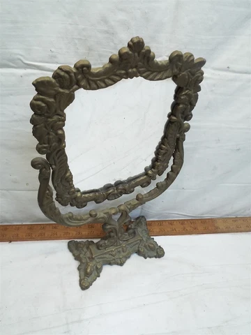 Vintage Emig Cast Iron Art Nouveau Dress Stand Mirror Shaving Vanity Ornate Gold Cover
