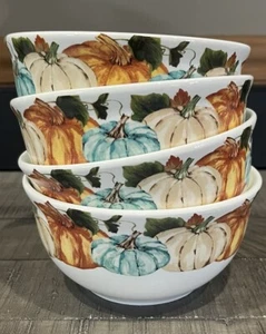 Set Of 4 Royal Norfolk Pumpkin Fall Thanksgiving Bowls “THANKFUL” Stoneware 6” - Picture 1 of 3