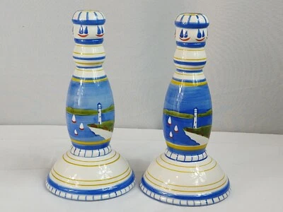 Landis International Painted Ceramic Lighthouse Seaside Pair Of Candlesticks - Image 1 of 4