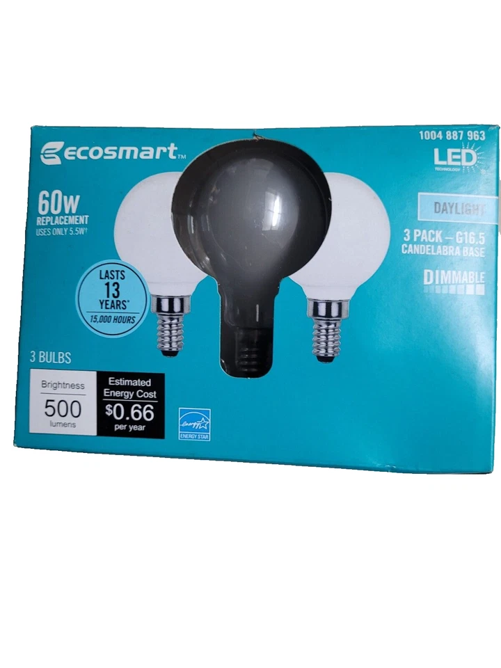 EcoSmart 60-Watt Equivalent Daylight G16.5 Dimmable LED Light Bulb 3 pack - Image 1 of 4
