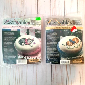 The Beadery Adornables Lot 2 Counted Cross Stitch Pretty Kitty Frisky Friend Dog - Picture 1 of 4