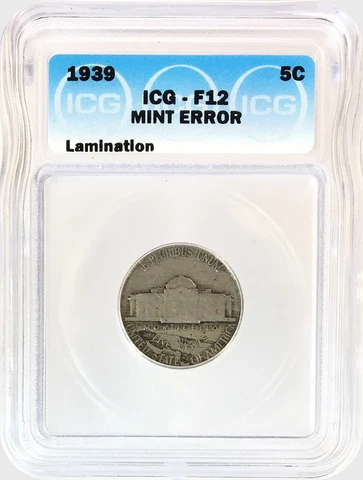1939 Jefferson Nickel 5C MINT ERROR Lamination Circulated Fine ICG F12 Cover