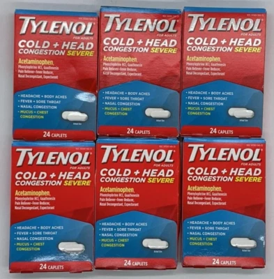 6PK Adultos Tylenol Frío + Cabeza Congestión Severa ~ 24 Comprimidos Cada uno ~ CADUCIDAD 1/27 Foto 1 de 2