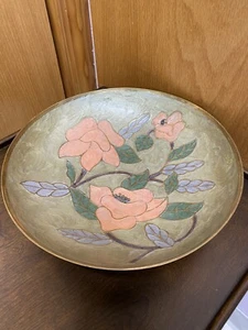 Brass Enamel Bowl Cloisonné Type ~ Floral Design 9 1/2” - Picture 1 of 12