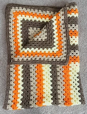 Винтажный 70-х бабушка крючком афганский одеяло оранжевый коричневый бежевый 62 X 43 - Изображение 1 из 4