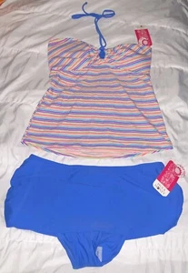 Hula Honey 2 Piece Swimsuit Striped Tankini Top & Skirted Bottom XL Peri (B1) - Picture 1 of 6