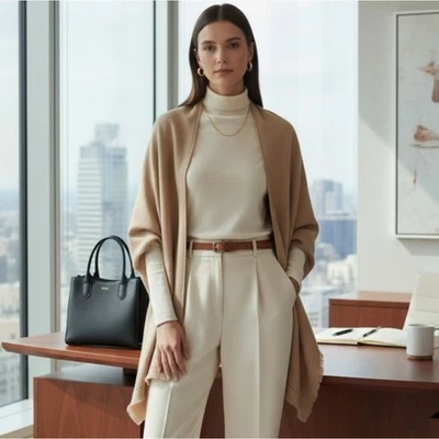 Cárdigan Vince Camuto Tostado Chal Envolvente Flecos Tachuelas Doradas Sistema operativo Silencioso Lujo Moderno Foto 1 de 4