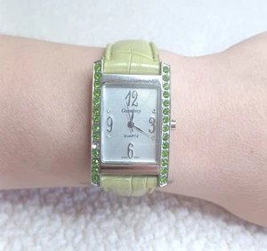 Gramercy Quartz Watch Green Band & Rhinestones Rectangle Needs 1 Stone & Battery - Picture 1 of 23
