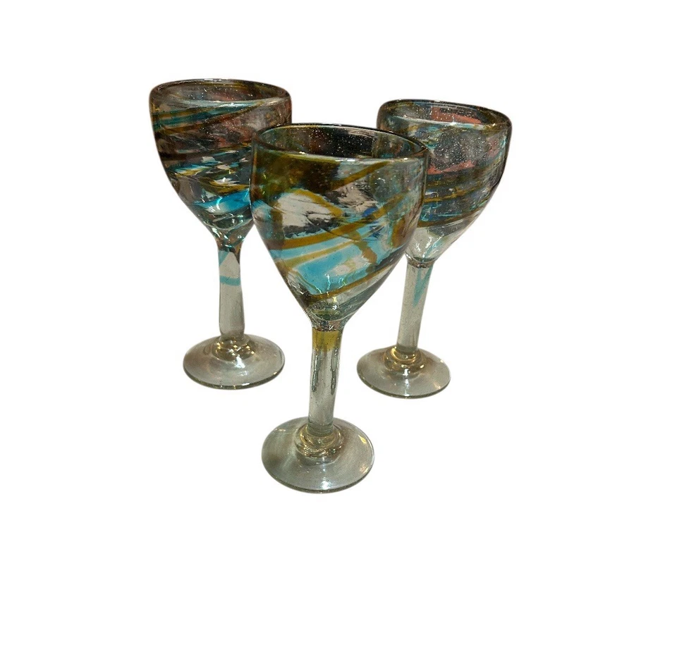 手工吹制蓝色旋转葡萄酒/高脚杯玻璃杯 7.5 英寸 3 件套 — 第 1/4 张图片