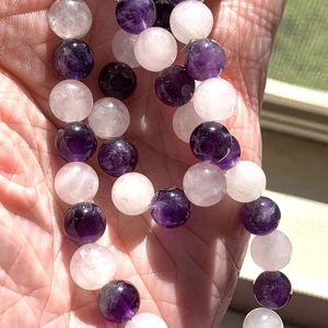 Vintage Amethyst & Rose Quartz Beaded Necklace Silver Tone Magnetic Closure - Picture 1 of 6