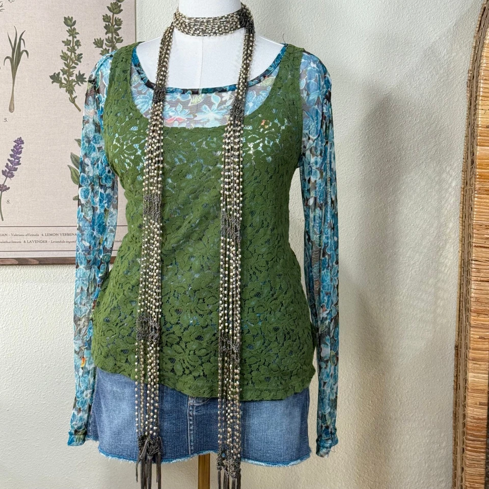 Y2k Green Sheer Shimmer Floral Lace Tank Top Forest Fairy Grunge Mori Kei 1X - Image 1 of 4