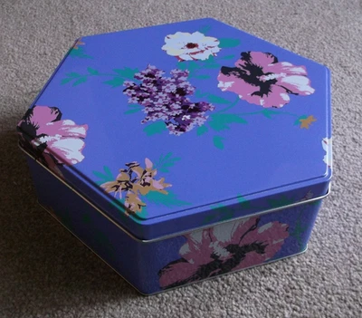 Floral Purple Hexagonal Shaped Lidded Tin Container Box. 23cm x 20cm x 7.5cm - Image 1 of 4