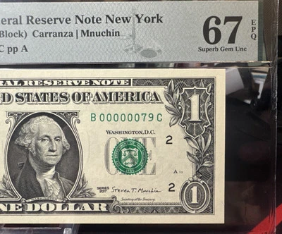 $1 2017  FEDERAL RESERVE NOTE  B/C Block 2 DIGIT  SERIAL NUMBER  #79  PMG 67 EPQ - Image 1 of 4