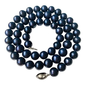 18 Inch Genuine ROUND 9-10mm Black Pearl Necklace Cultured Freshwater - Picture 1 of 7