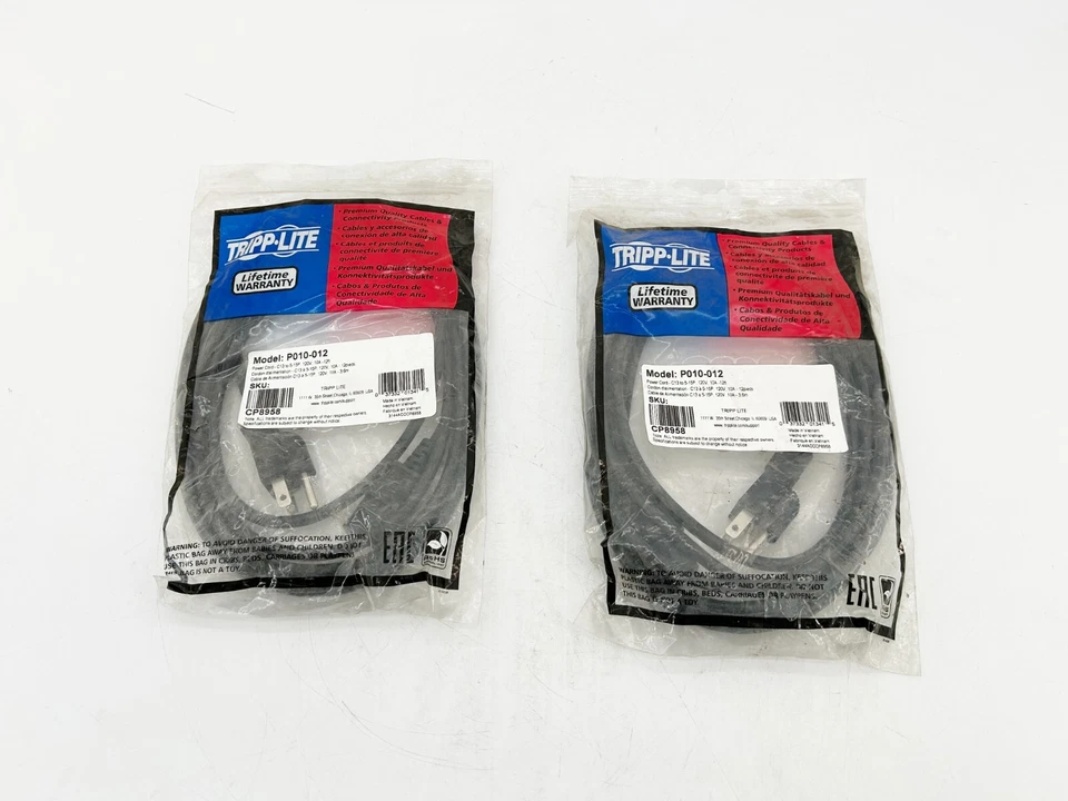 New Lot of 2 Tripp Lite P010-012 Power Cord 120V 12' 10A - Image 1 of 4