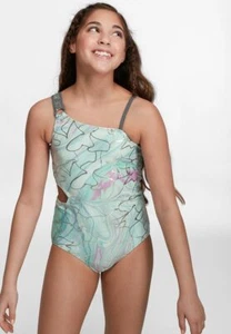 NWT JUSTICE X Girl's Marble Shine One Shoulder Cut out Swimsuit Aqua Silver Sz 7 - Picture 1 of 4