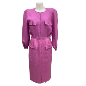Valentino Vintage Miss V Pink 2-Piece blouse & Pencil Skirt Set 100% Linen sz 46
