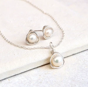 Pearl Necklace Earring Set Sterling Silver Handmade June Birthstone Gift Wrapped - Picture 1 of 7