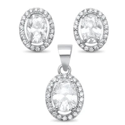 Oval Cubic Zirconia Halo Solitaire .925 Sterling Silver Earring and Pendant Set - Image 1 of 2